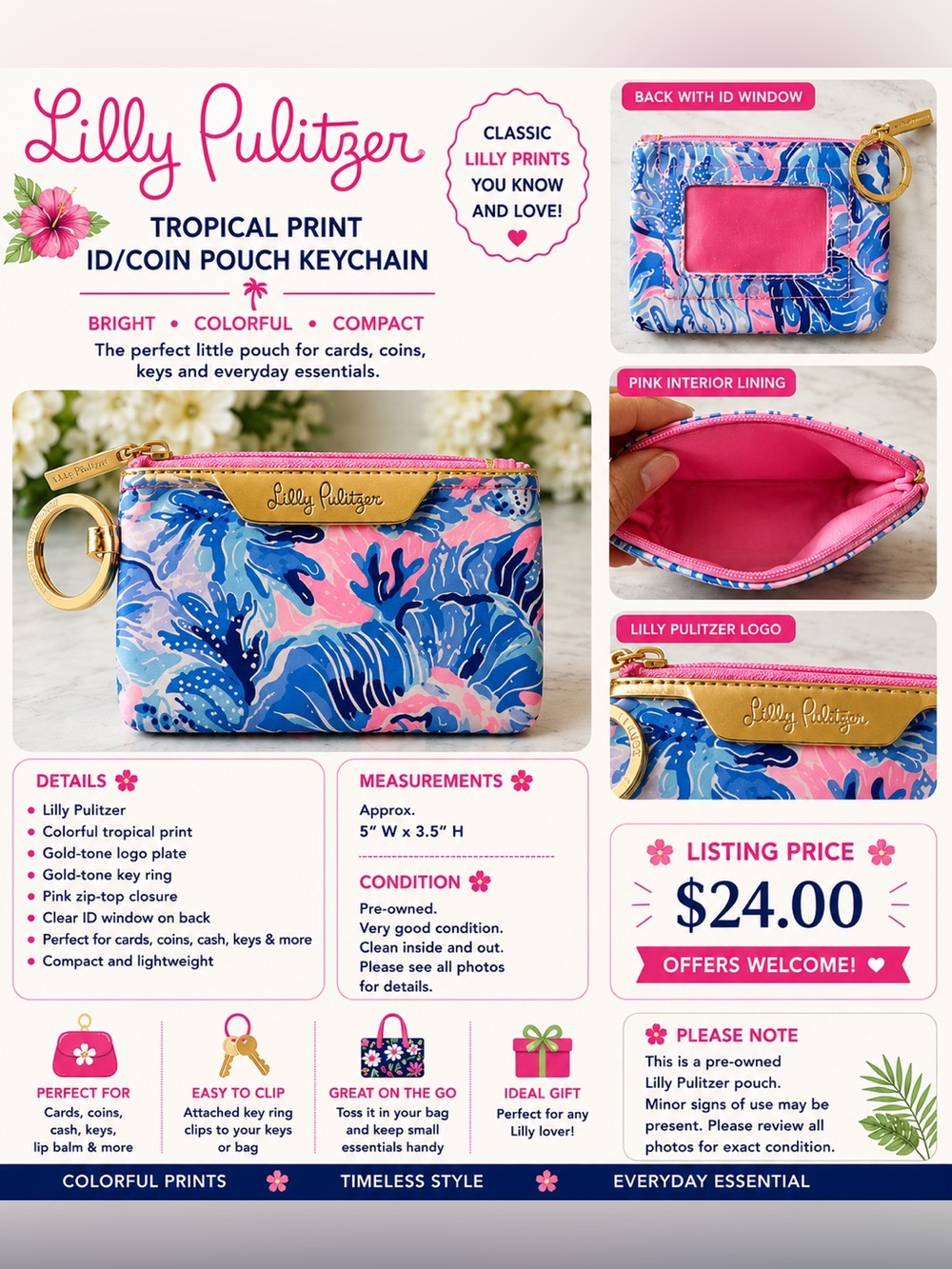 Lilly Pulitzer Tropical Print ID Card Coin Pouch Keychain